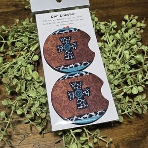 Brown Turquoise Cross Car Coasters